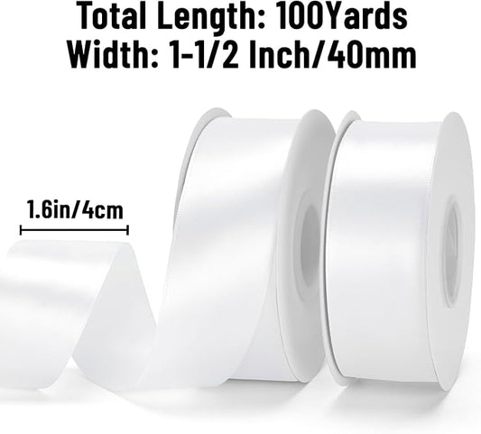 KINGLAKE White Ribbon 1 1/2 inch - 100 Yards Polyester White Satin Ribbon for Gift Wrapping, Wedding, Party Decoration, DIY Crafts, Floral Bouquets and Wreath Bows