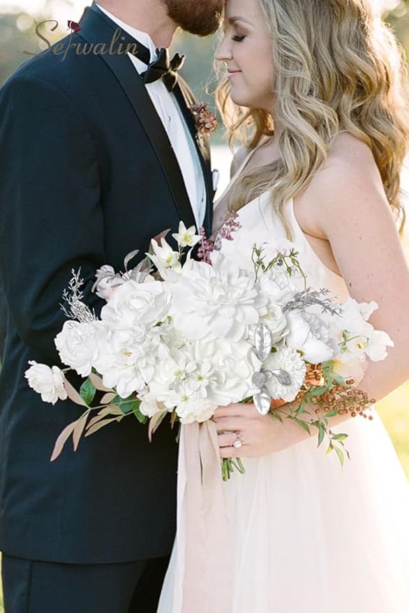 Serwalin White Artificial Flowers, Fake Silk White Flowers for DIY Wedding Bouquets, Wedding Cake Flowers for Table Centerpieces Baby Shower Birthday Party Home Decorations