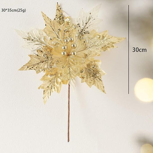Artificial Flannel Sequin Christmas Flower Ornament, 30x35cm Glitter Holiday Tree Decoration for Wreaths Garlands and Party Arrangements Champagne