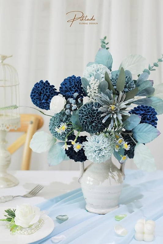 Artificial Wedding Dahlia Flowers 25 pcs Fake Roses with Stem for DIY Wedding Decor Centerpieces Arrangements Bouquets (Shades of Navy Blue)