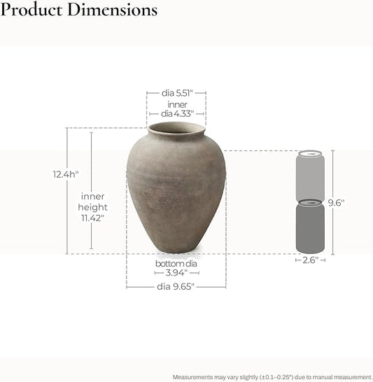 LuxenHome Rustic Ceramic Vase, 12.4" Tall Terracotta Pot with Earthy Gray-Brown Finish, Vintage Pottery for Dining Table Living Room Decor, Farmhouse Flower Vase for Entry Way Table Home Decor