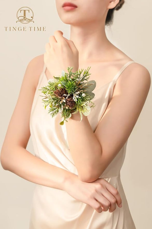TINGE TIME Corsage and Boutonniere Set, Prom Flower Wrist Corsage Wristlet, Boutonniere for Men Wedding Flowers Accessories Prom Suit Decorations (White Ivory Greenery)
