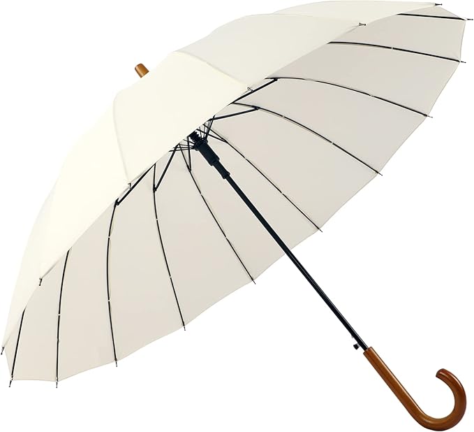 SoulRain 16 Ribs 48" Stick Umbrella Auto Open Solid Color Fashionable and Simple,Arc Classic Wood Handle,Windproof Unbreakable Stick Rain Umbrella