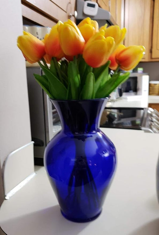 Floral Supply Online 10 5/8" Cobalt Blue Spring Garden Vase and Flower Guide Booklet- Decorative Glass Flower Vase for Floral Arrangements, Weddings, Home Decor or Office.