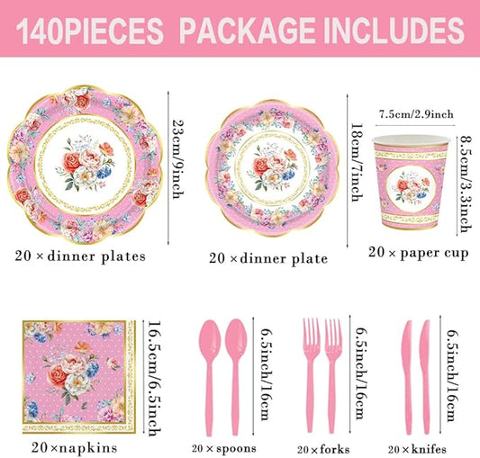 140Pcs Tea Party Decorations Tableware Set Floral Plates and Napkins for Birthday Party, Baby Showers, Bridal Showers, Wedding Bachelorette Party Supplies Floral Tea Party Plates, Serves 20 (Pink)