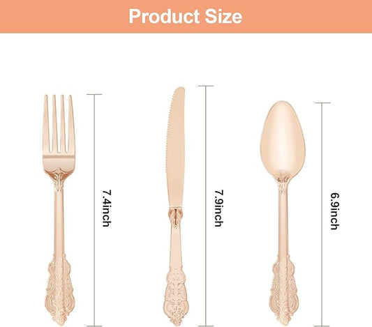 150PCS Rose Gold Plastic Silverware for 50 Guests, Heavy Duty Rose Gold Disposable Utensils Sets, Includes 50 Forks, 50 Spoons, 50 Knives, Elegant Cutlery Perfect for Party, Wedding