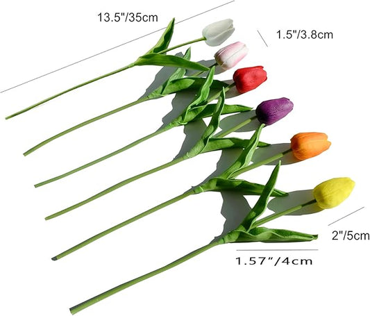 Mandy's Artificial Tulips 12 Stems Multicolor PU Faux Flowers for Thanksgiving and Christmas Decorations Wedding Home Decor 13.5 Inch