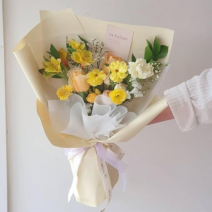 LeZakaa 20 Sheets Flower Wrapping Paper - Waterproof Reversible Floral Bouquet Paper - Cream Yellow Design for Valentine's Day, Mother's Day, Parties, Birthdays, Weddings, Baby Shower