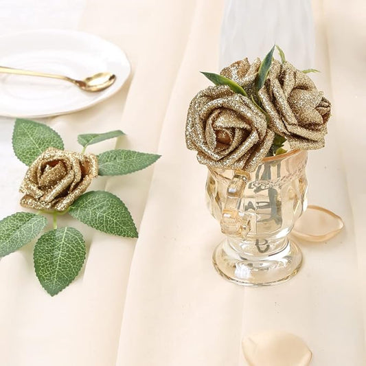 IPOPU Foam Gold Roses,50pcs Glitter Roses Gold Flowers Gold Roses with Stems for DIY Wedding Bridal Bouquet Home Party Decoration(Gold)