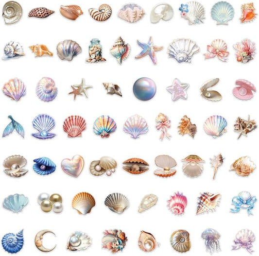 60 Pcs Holographic Seashell Stickers, Iridescent Conch Shell & Starfish Vinyl Decals, Waterproof Glittering Aesthetic Stickers for Scrapbooking, Journaling, Water Bottle, Laptop, Phone Case Decor