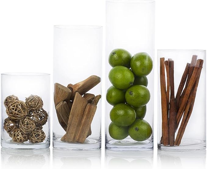 Enova Floral Set of 4 Clear Cylinder Glass Vase 4W x 8H Inches, Clear Flower Vases, Pillar Candle Hurricane Floating Candle Holder Vase, Glass Flower Vase for Wedding Centerpieces, Home Décor