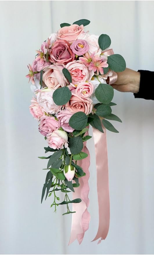Wedding Bouquet for Bride, Bean Paste Pink Waterfall Bridal Bouquet for Bride Artificial Roses Flowers Cascading Bouquet for Wedding Ceremony Anniversary Party Bridal Shower Decoration