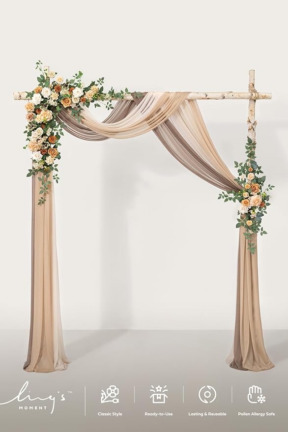 Ling's moment Artificial Wedding Arch Flowers with Drapes Kit-Pack of 5, 2pcs Flower Arrangements 3pcs Hanging Sheer Drapes Ceremony Arbor Backdrop Rose Floral Decorations, Apricot & Soft Peach