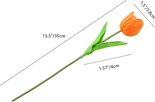 Mandy's Artificial Tulips 12 Stems Orange Partially Open PU Faux Flowers for Wedding Home Decor 13.5 Inch