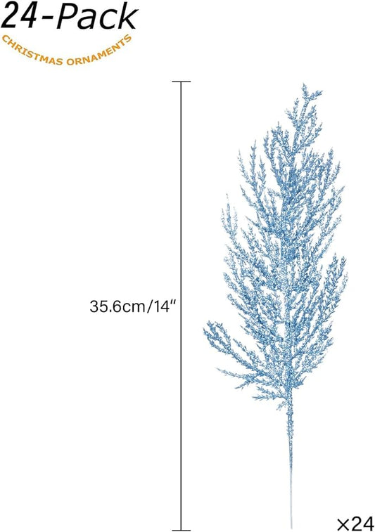 Christmas Glitter Stems 24pcs Artificial Pine Tree Picks for Christmas Tree Ornaments fillers, DIY Xmas Wreath, Crafts, Garland, Holiday, Party, Wedding and Home Decoration (Light Blue)