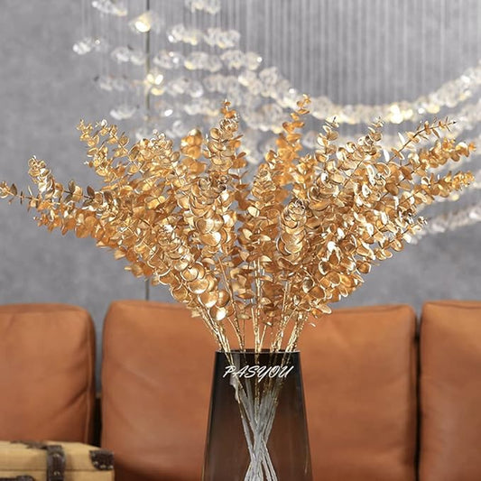 PASYOU Artificial Plants for Christmas Decor, Fake Gold Eucalyptus Plastic Grass Shrubs Leaves Indoor Outdoor Home Garden Party Hotel Wedding Event Faux DIY Decoration - 30 Inch Golden 2 Pack
