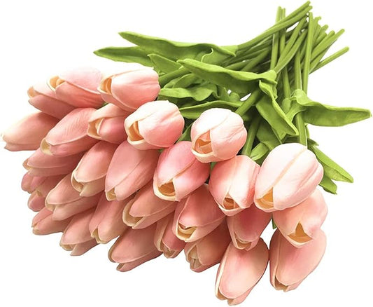 30pcs Artificial Tulips Flowers Real Touch Pink Tulips Fake Holland PU Tulip Bouquet Latex Flowers for Wedding Party Office Home Kitchen Decoration (Pink)