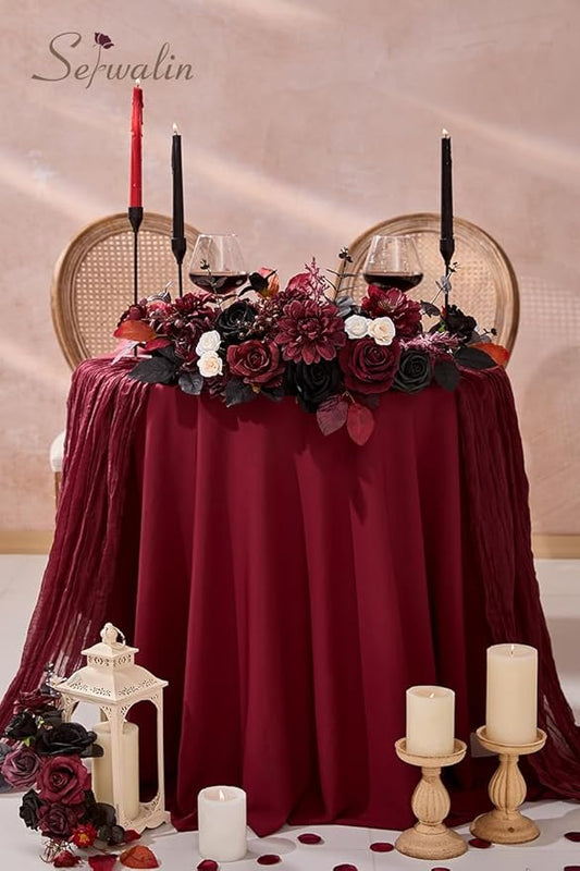 Serwalin Artificial Burgundy Black Flowers, Red Roses Silk Flowers for DIY Wedding Bridal Bouquets, Fake Halloween Black Flowers for Table Centerpieces Baby Shower Birthday Party Home Decorations