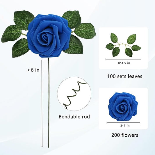Artificial Flowers Realistic Roses, Real Looking Fake Roses with Stem for DIY Wedding Bouquets Centerpieces Bridal Shower Party Home Romantic Decorations (Royal Blue, Regular 3" - 200pcs)