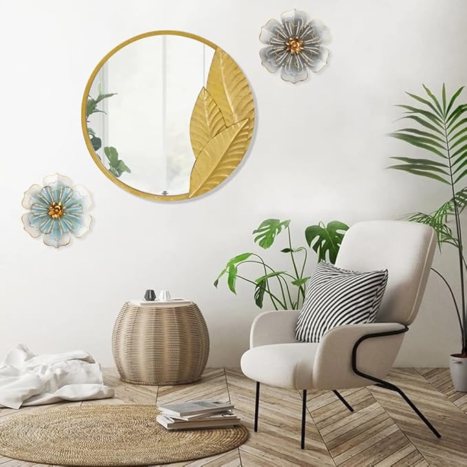 Metal Flower Wall Art Decor, 9.5”Rustic Modern Floral Sculpture, Distressed Iron Wall Hanging Home Decoration Accent Artworks for Indoor Kitchen Bedroom Living Office Outdoor Garden Patio-06 Blue Gold