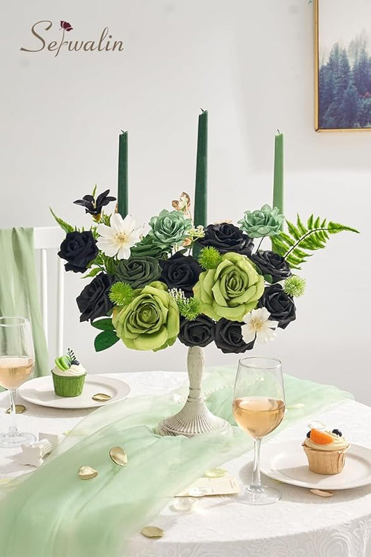 Serwalin Green Artificial Flowers, Black Silk Fake Flowers Greenery Stems for DIY Wedding Bridal Bouquets, Wedding Cake Flowers for Table Centerpieces Baby Shower Birthday Party Home Decorations