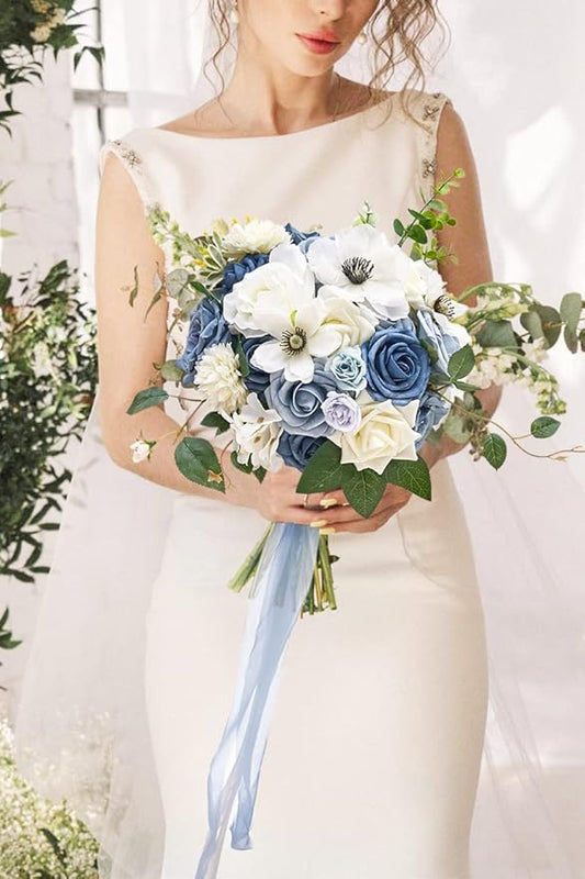 Serwalin Artificial Flowers, Dusty Blue Silk Fake Flowers Cake Flower for Wedding Bouquet Table Centerpieces Arrangements Party Baby Shower Home Decor Floral Arrangement