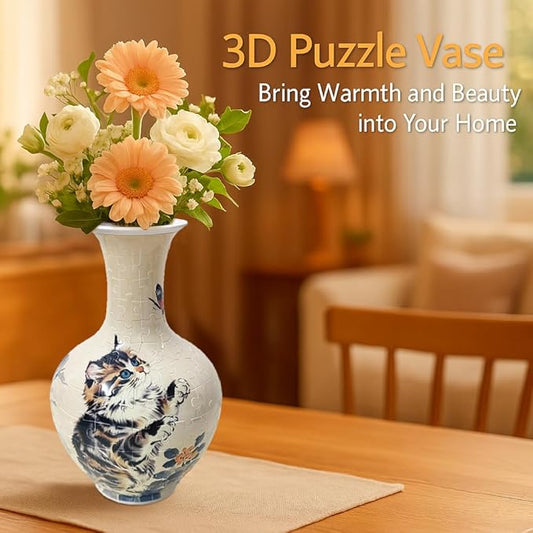 3D Puzzle Vase, 160 Curved Pieces DIY Flower Vase Craft Kit & 3D Puzzles for Adults, Creative Jigsaw Art Project Home Décor Centerpiece, for Women, Mom (Beige Cat & Butterfly)