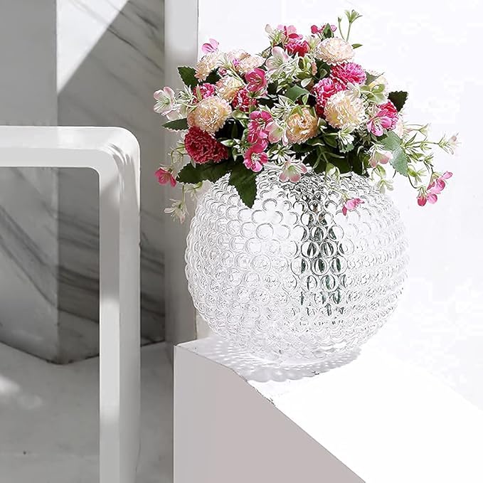 Magcolor Small Glass Round Vase for Weddings,Ribbed Crystal Glass Vase,Events, Decorating, Arrangements, Flowers, Office or Home Décor, Pack of 1 (6.9“ Tall 6.9“ Wide)