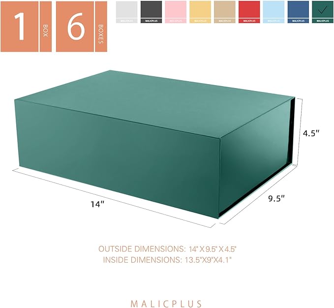 6 Christmas Large Gift Boxes with Lids 13.5x9x4.1 Inches, Green Groomsmen Proposal Gift Boxes with Magnetic Closure for Father's Day or All Occasion (Glossy Green)