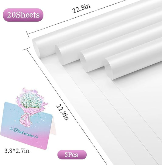 REAXYZNN 20 Sheets Flower Wrapping Paper, Waterproof Floral Wrapping Paper with Cards for DIY Craft, Florist Packaging Supplies for Birthday, Wedding, Mother's Day Gift (White)