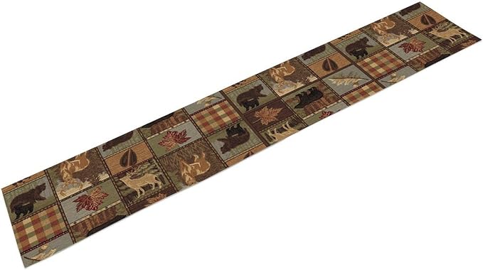 Rustic Bear Table Runner, Vintage Cottage Country Style Pine Tree Elk Wildlife Dinner Runner for Home Kitchen Dining Table Decoration 13"x36"