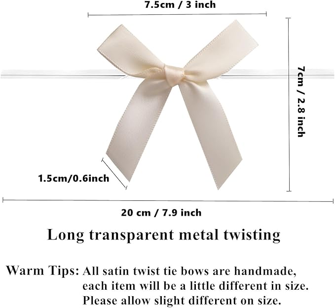 50 PCS 3 Inches Ribbon Twist Tie Bows for Treat Bags, Satin Bow Twist Ties, Pretied Bows, Twist Bows, Tied Bows with Wire, Pre Tied Ribbon Bows for Baby Shower, Favors, Popcorn(Ivory White)
