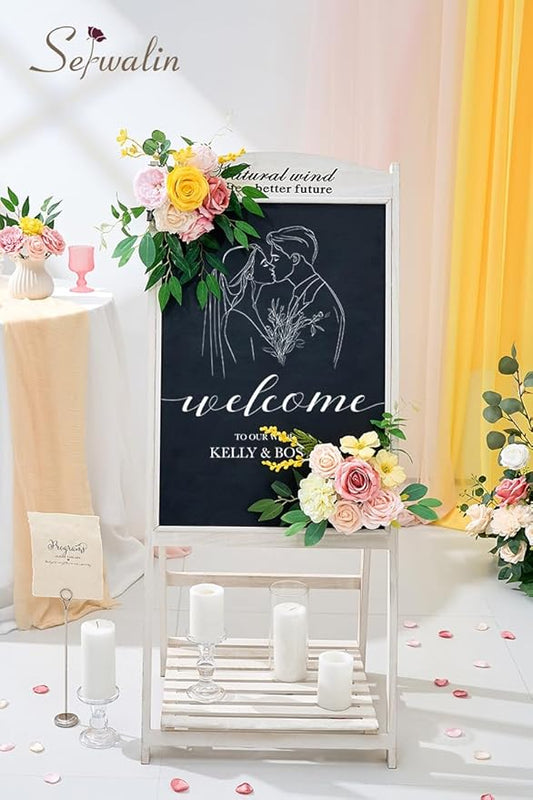 Serwalin Artificial Flowers,Pink Yellow Silk Fake Flowers Box for DIY Wedding Bridal Bouquet, Wedding Cake Flowers for Table Centerpieces Birthday Party Bridal Shower Home Decorations