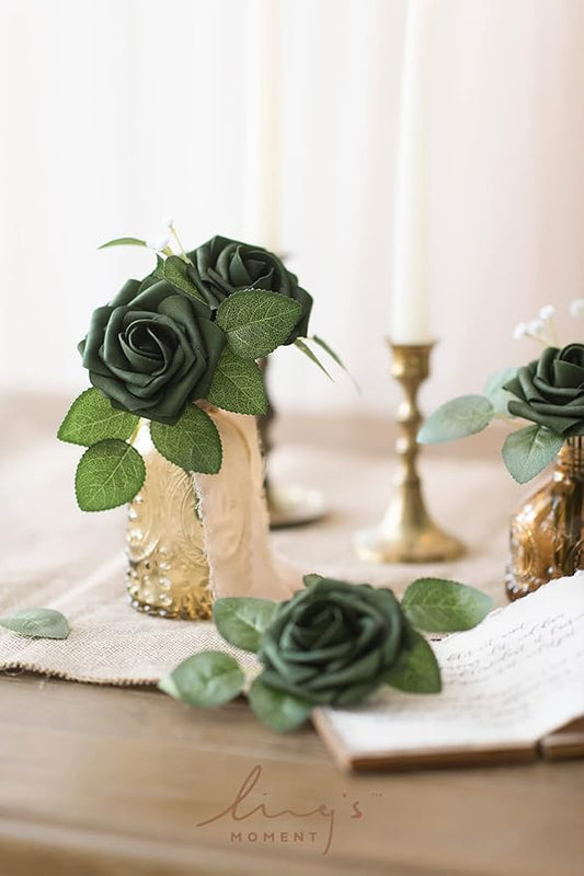 Ling’s Moment Artificial Flowers 50Pcs Emerald Green Roses Decor w/Stems,3" Real Touch DIY Foam Floral for Wedding Bouquet/Centerpieces, Outdoors Party Backdrop, Room/Table, and Garden/Pot Decorations