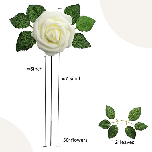 Artificial Flowers Milk White Roses 50PCS Real Looking Foam Fake Roses with Leaves and for DIY Wedding Bouquets Bridal Shower Centerpieces Party Decorations (Ivory)