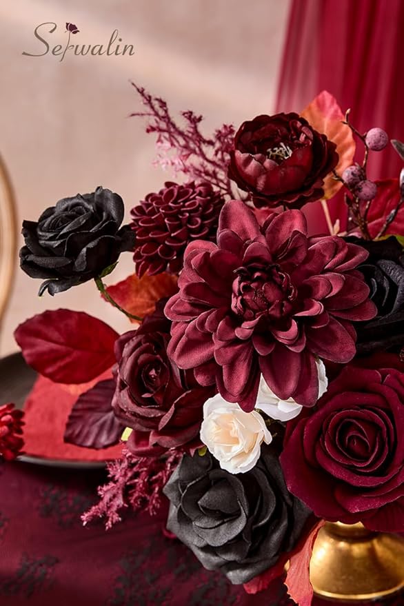 Serwalin Artificial Burgundy Black Flowers, Red Roses Silk Flowers for DIY Wedding Bridal Bouquets, Fake Halloween Black Flowers for Table Centerpieces Baby Shower Birthday Party Home Decorations