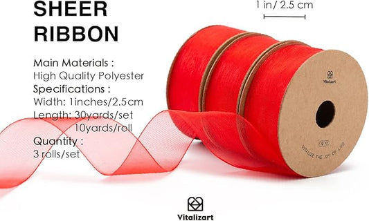 Vitalizart Red Organza Ribbon for Gift Wrapping 1 inch x 30 Yd Extra Density Sheer Fabric Christmas Card Supplies Crafts Bows Tree Decor Wedding Wreaths Wrap 3 Rolls x 10 Yd