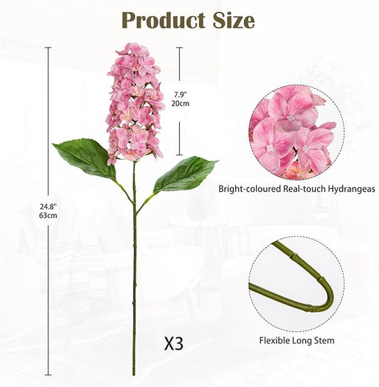 Artificial Hydrangea Flowers Real Touch – 3PCS 24.8" Faux Cone Hydrangea Stems for Tall Vases, Home Décor, Wedding Centerpieces, Floral Arrangements – Soft Pink