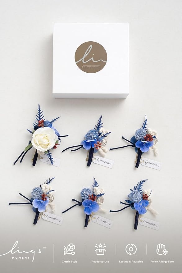 Ling's moment Boutonniere for Men, 6pcs Groom Groomsmen Boutonniere, Artificial Flowers for Wedding Decor/Prom/Homecoming, etc.Navy Blue White
