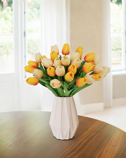 MACTING 30 PCS Artificial Tulip Flowers 13.7" Real Touch Fake PU Tulips Bouquet Faux Flowers for Floral Arrangements Table Centerpiece Home Kitchen Indoor Outdoor Summer Decor (Mix Yellow)
