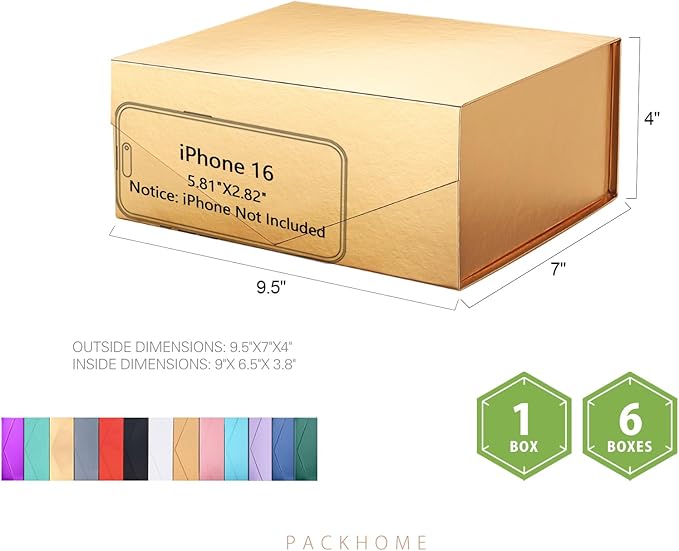 PACKHOME Christmas Gift Box 9x6.5x3.8 Inches, Rectangle Collapsible Box with Magnetic Lid for Xmas Gift Packaging (Glossy Gold)
