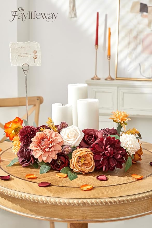 Artificial Flowers, Fall Orange and Red Silk Flowers for DIY Wedding Bridal Bouquets, Fall Fake Cake Flowers for Table Centerpieces Party Home Decorations