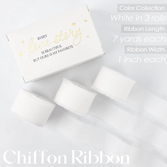 MEEDEE White Chiffon Ribbon 1 Inch White Fringe Ribbons Chiffon Silk Frayed Edge Ribbon Thin Chiffon Ribbons for Crafts, Gift Wrapping, Wedding Invitation (3 Rolls 21 Yards)