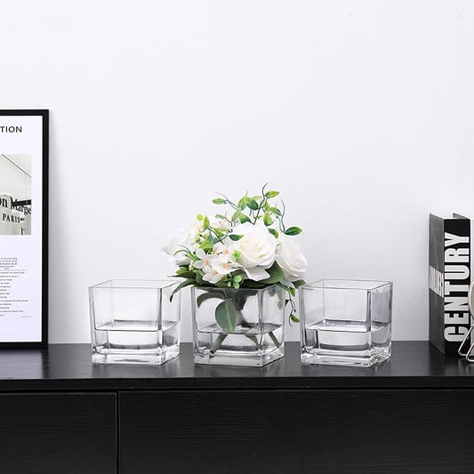 Square Glass Vases Set of 6, 4" x 4" x 4" Square Flower Vases for Centerpieces, Clear Vase for Flowers, Small Vase for Wedding, Party, Home Office Decoration