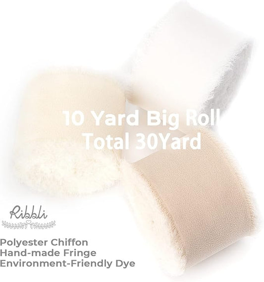 Ribbli Chiffon Ribbon - 1.5 inch x 30 Yard Handmade Silk, White/Ivory/Nude Fringe Chiffon for Wedding Invitations, Gift Wrapping, Bridal Bouquets, Flower Arrangement Decoration