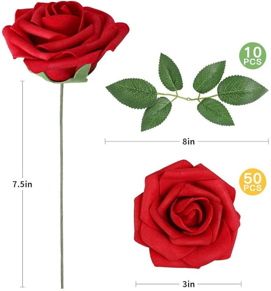AmyHomie Artificial Flowers Dark Red Rose 50pcs Real Looking Fake Roses w/Stem for DIY Wedding Bouquets Centerpieces Arrangements Party Baby Shower Valentines Day Christmas Tree Decorations