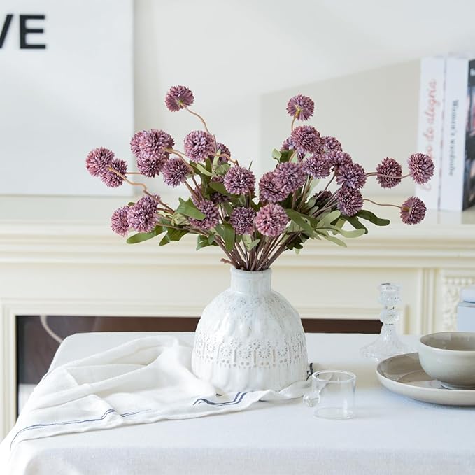 Artificial Kiku Flower - 5 Pcs Fake Pompon Mums Silk Small Chrysanthemum Faux Ball Fall Flower Stem Decor for Autumn Wedding Filler DIY Bouquet Centerpieces Arrangements Shower (Grey Purple)