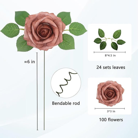JOYLEX 100PCS Warm Taupe Artificial Flowers Realistic Roses, Real Looking Fake Roses with Stem for DIY Wedding Bouquets Centerpieces Bridal Shower Party Home Romantic Decorations (Warm Taupe, 100pcs)
