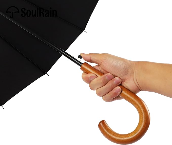 SoulRain 16 Ribs 48" Stick Umbrella Auto Open Solid Color Fashionable and Simple,Arc Classic Wood Handle,Windproof Unbreakable Stick Rain Umbrella