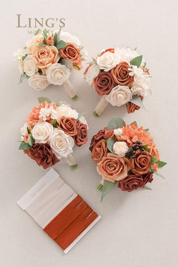 Ling's moment Terracotta Artificial Flowers Bridesmaid Bouquet Set of 4, Burnt Orange Wedding Flowers Bouquets for Bridesmaids, 7 Inch Bridal Bouquets for Bridesmaids, Wedding, Ceremony